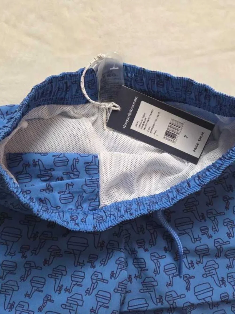 New boys 7 Vineyard Vines printed Chappy trunks swim shorts outboard hull blue
